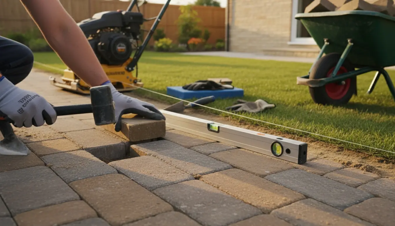 Nærbillede af herregårdssten, der lægges langs en havekant med værktøj og sand.