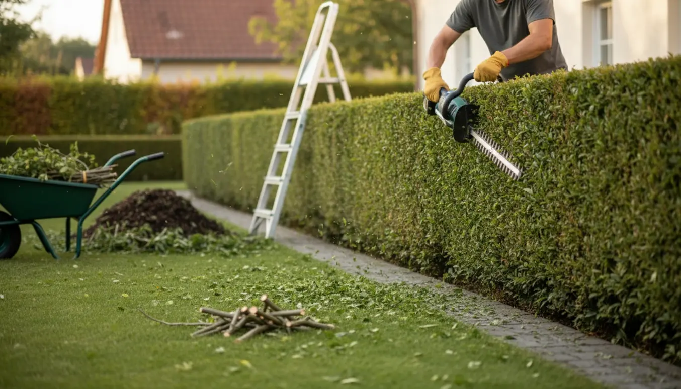 Person trimmer en lang hæk med elektrisk hækkeklipper, og afskårne grene ligger ved en kompostbunke få meter væk.