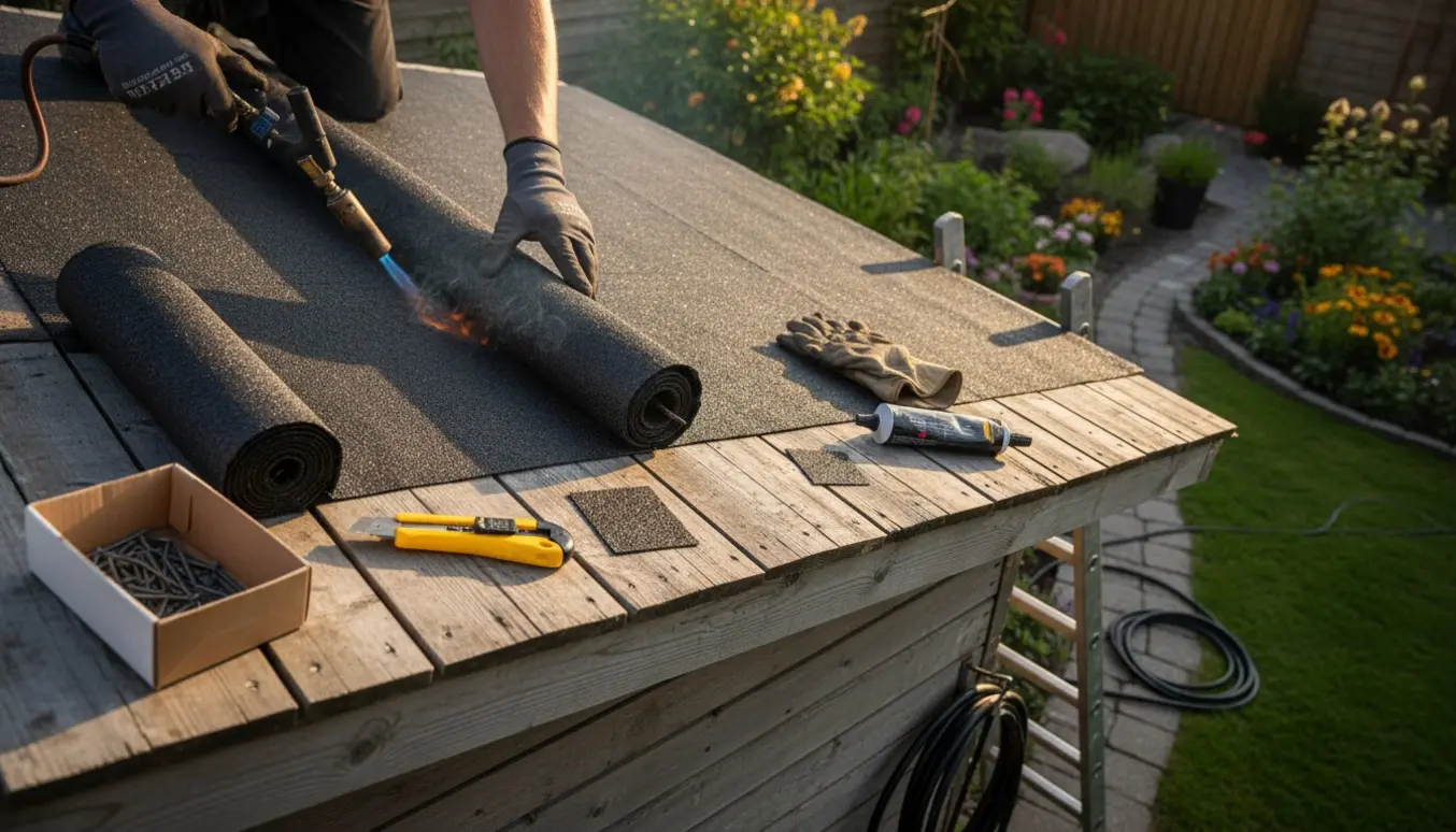 Håndværker lægger tagpap på et lille haveskur med ruller tagpap og værktøj omkring.