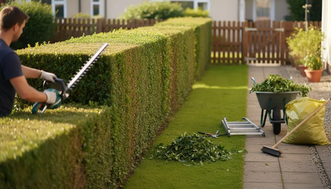 Person klipper en cirka 30 meter lang hæk på omkring 160 cm i en lille have, med friske afklip på græsset.