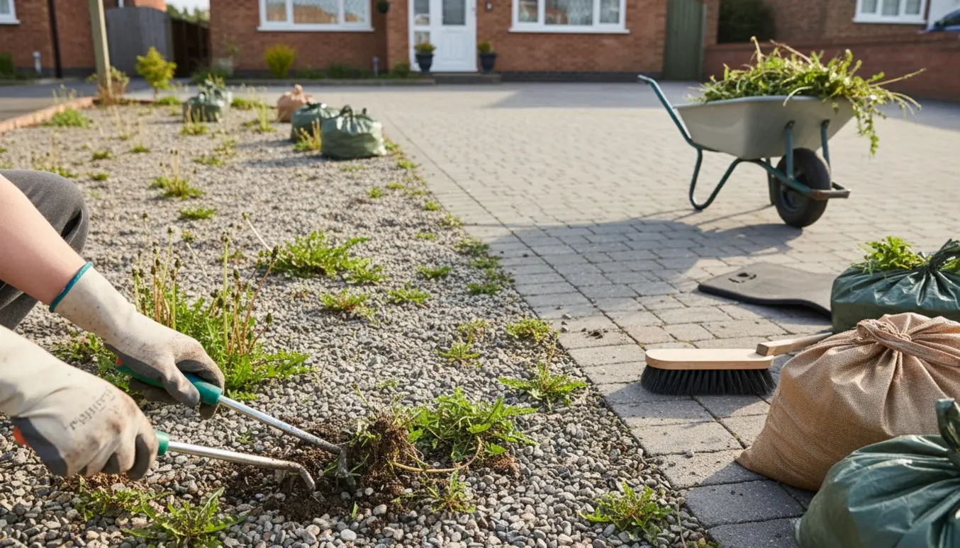 Nærbillede af handsker og haveredskaber, der fjerner ukrudt mellem grus og fliser ved indkørsel.