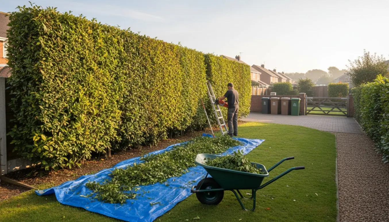Professionel hækklipning af høj liguster- og laurbærhæk i en villahave med stige og fire haveaffaldscontainere.
