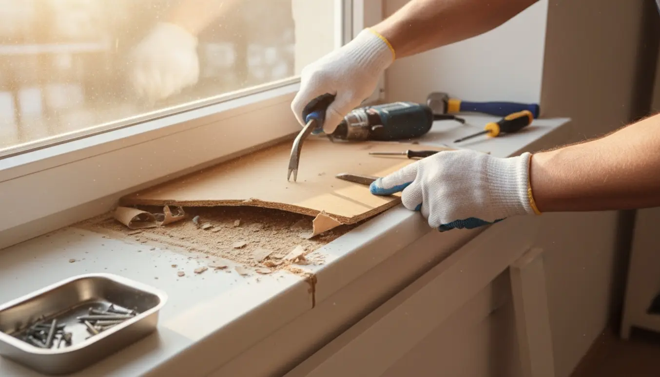 Hænder fjerner en lamineret vindueskarm med værktøj ved et soloplyst vindue.