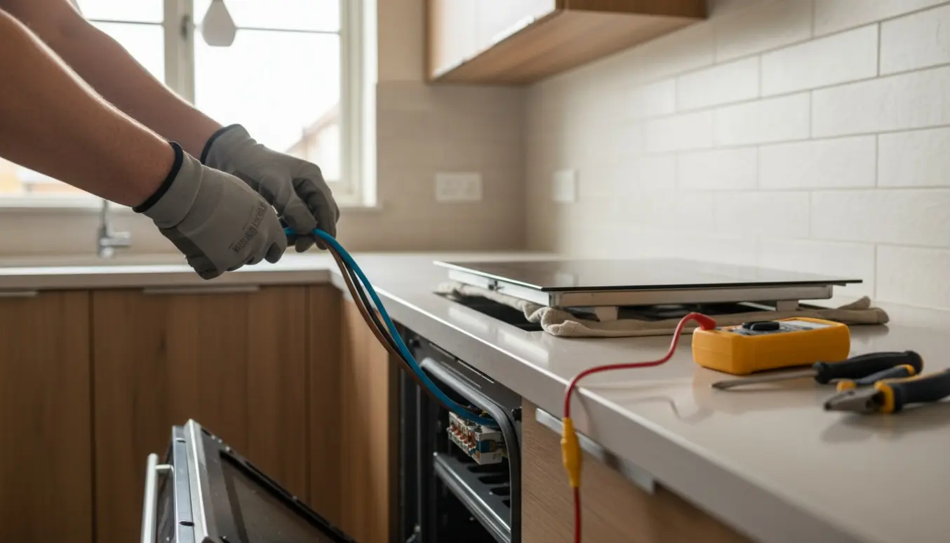 Elektriker tilslutter kogeplade og indbygningsovn i et nyt køkken med synligt værktøj og kabler.