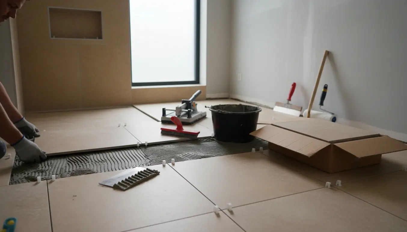 Nyt flisegulv og delvist fliset bruseområde under installation i et lyst badeværelse med værktøj og spartlede vægge.