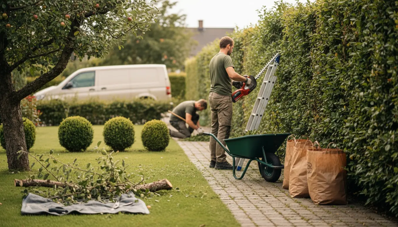 Hækklipning og beskæring i en villahave i Birkerød med trillebør og bunker grønt affald klar til bortkørsel.
