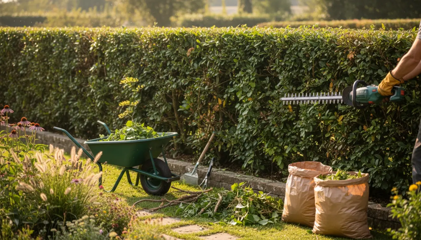 Person trimmer en 2 meter høj liguster- og vedbendhæk, mens afklip samles i en trillebør.
