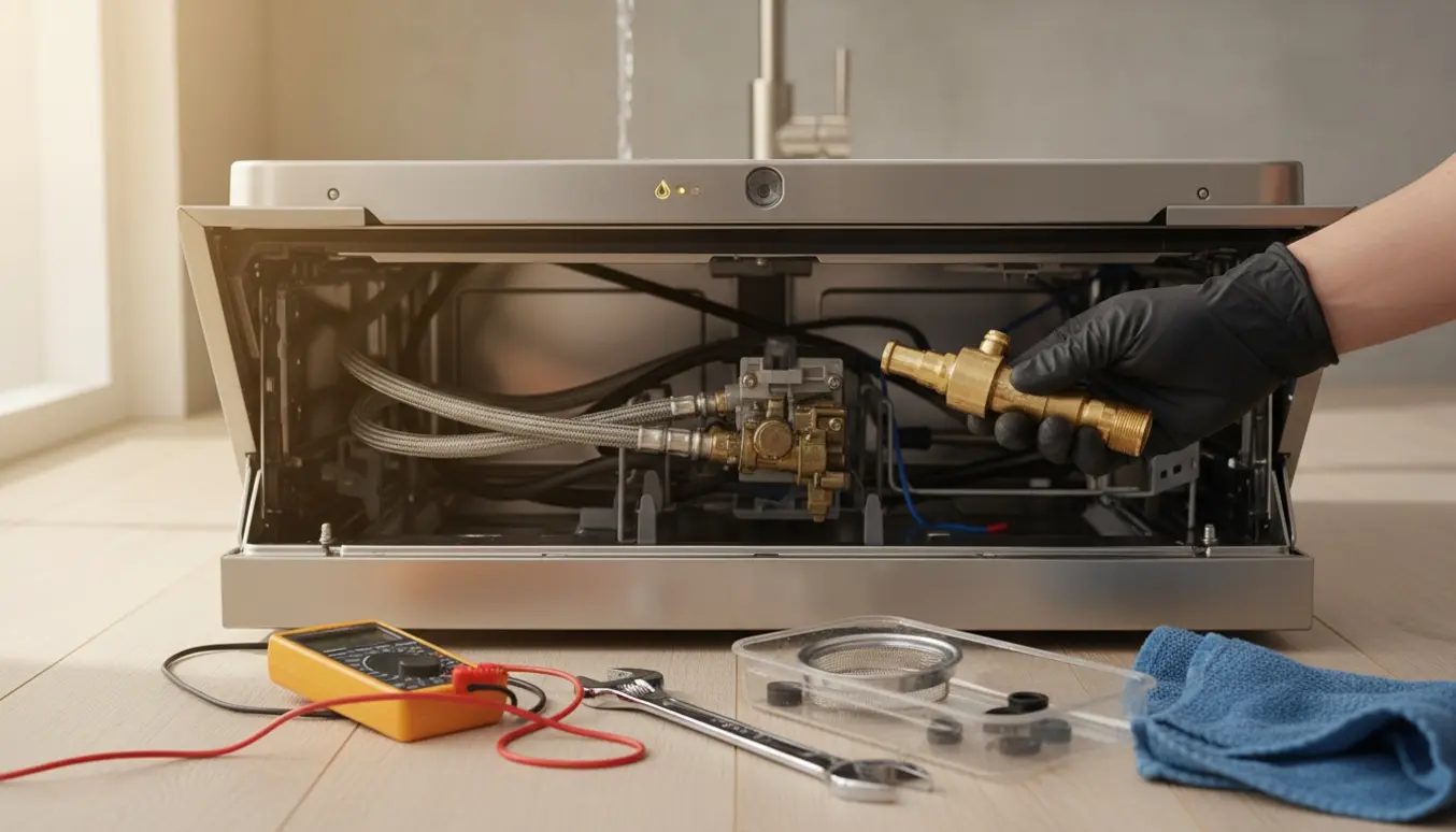 Tekniker arbejder på en indbygget opvaskemaskine med åben front, eksponerede slanger og indløbsventil.