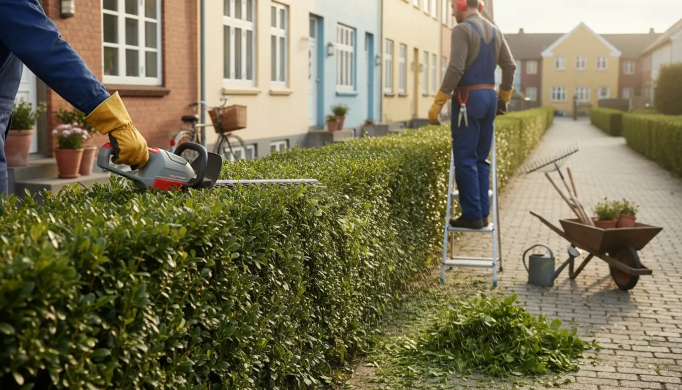 En havearbejder trimmer en lang, nyklippet hæk foran rækkehuse i Birkerød med glimt af værktøj og cykel i baggrunden.