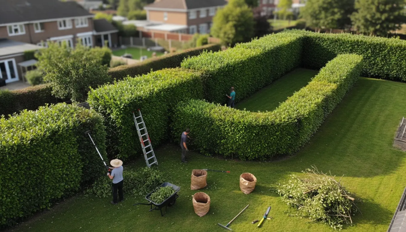 Fugleperspektiv af en 2 meter høj ligusterhæk, hvor dele er nysnittet og haveaffald samles i trillebør og sække.