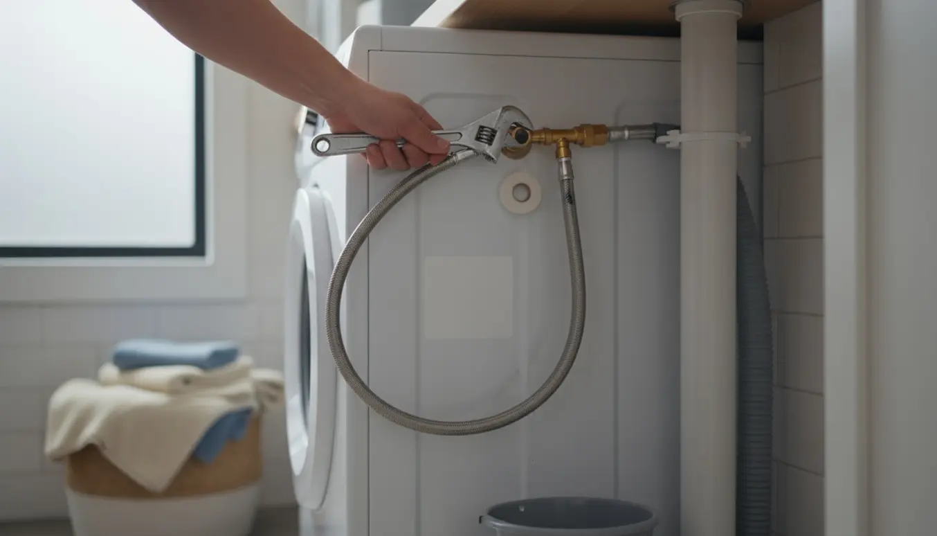 En tekniker tilslutter vand- og afløbsslanger til en vaskemaskine i et lyst vaskerum.