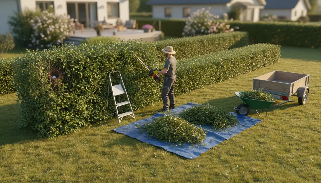Bagfra set person trimmer en lang hæk i sommerlys, med afklip samlet i en trillebør.