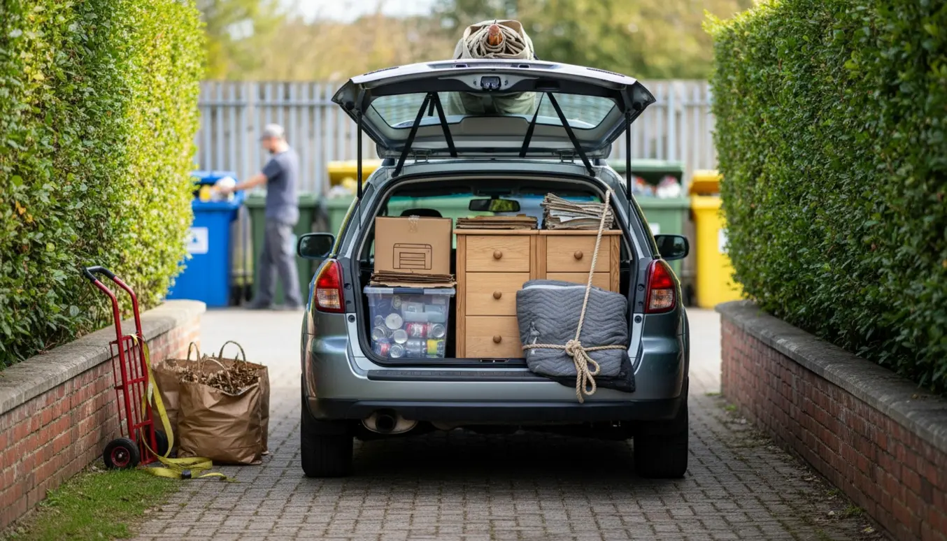 Bil med åbent bagagerum fyldt med haveaffald, pap, printer og en sammenklappet parasol ved en smal indkørsel til en genbrugsstation.