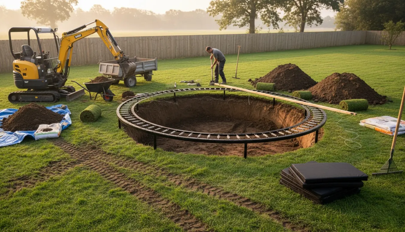 Mini-graver ved en baghavegravning til nedgravet trampolin med jordbunker, værktøj og rullegræs.