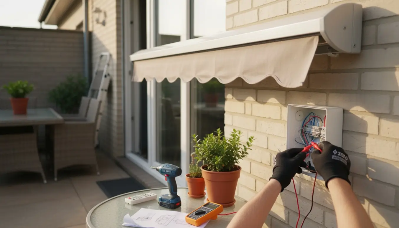 Hænder, der med multimeter tester elforbindelsen i en åben boks ved en udvendig elektrisk markise på en terrasse.