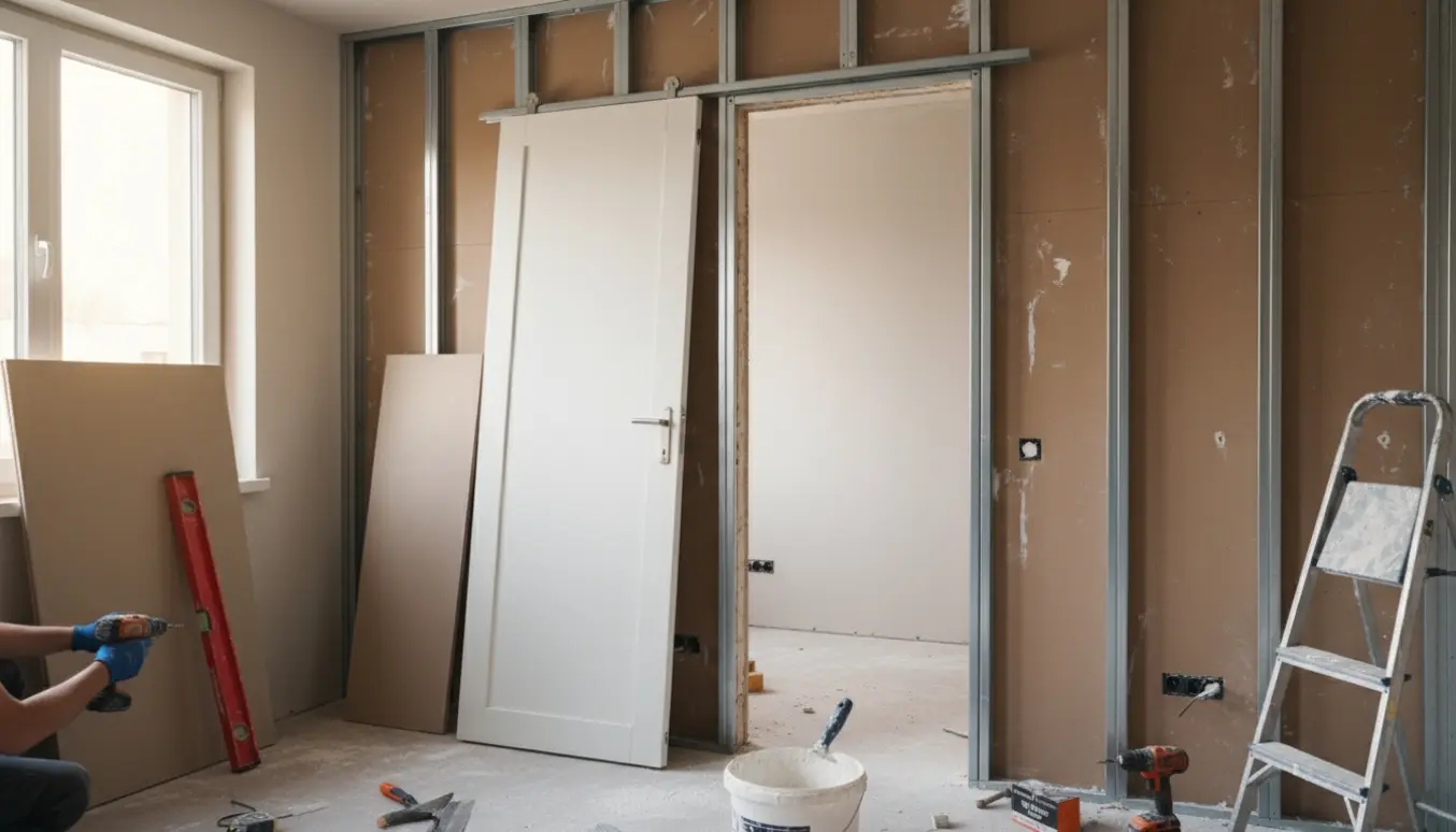Tre gipsvægge rejses i et rum, mens en skydedør og værktøj er klar til montering.