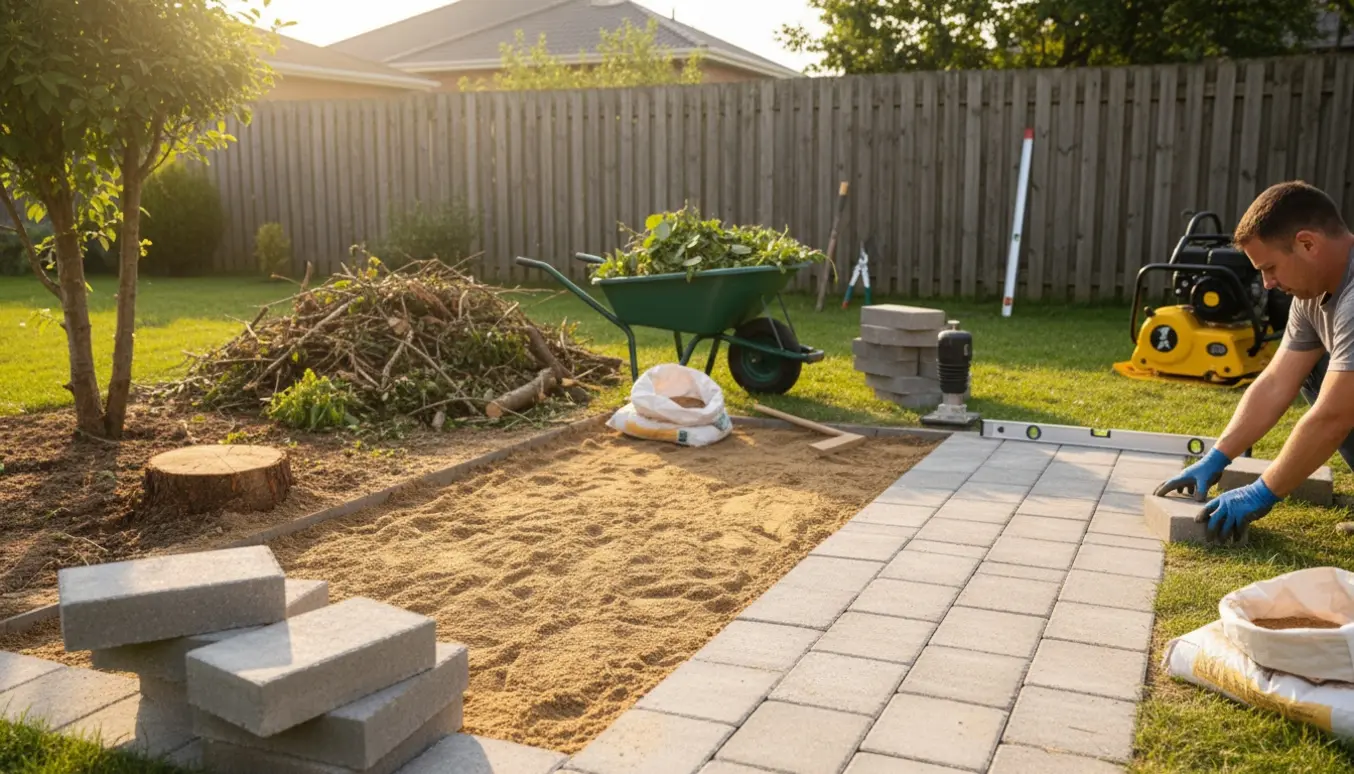 Rydning af buske og små træer i en have og delvis lagt fliser med synligt værktøj.