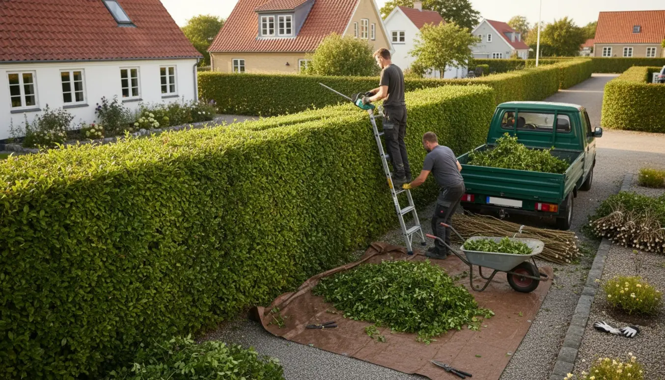 Lang hæk i en rolig landsby bliver klippet og afklip læsset på en trailer, med værktøj og handsker synlige.