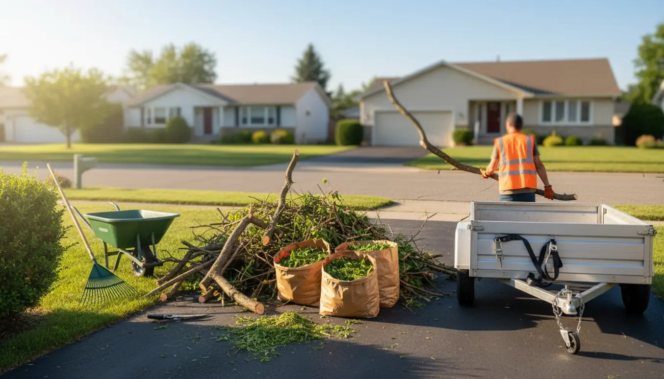 Trailer ved en indkørsel fyldt med haveaffald mens en person med handsker laster grene.