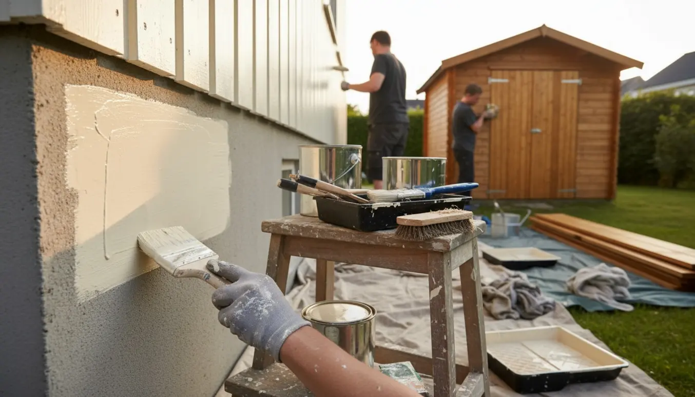 To personer maler husets facade og olierer et træskur, nærbillede af pensel og materialer.