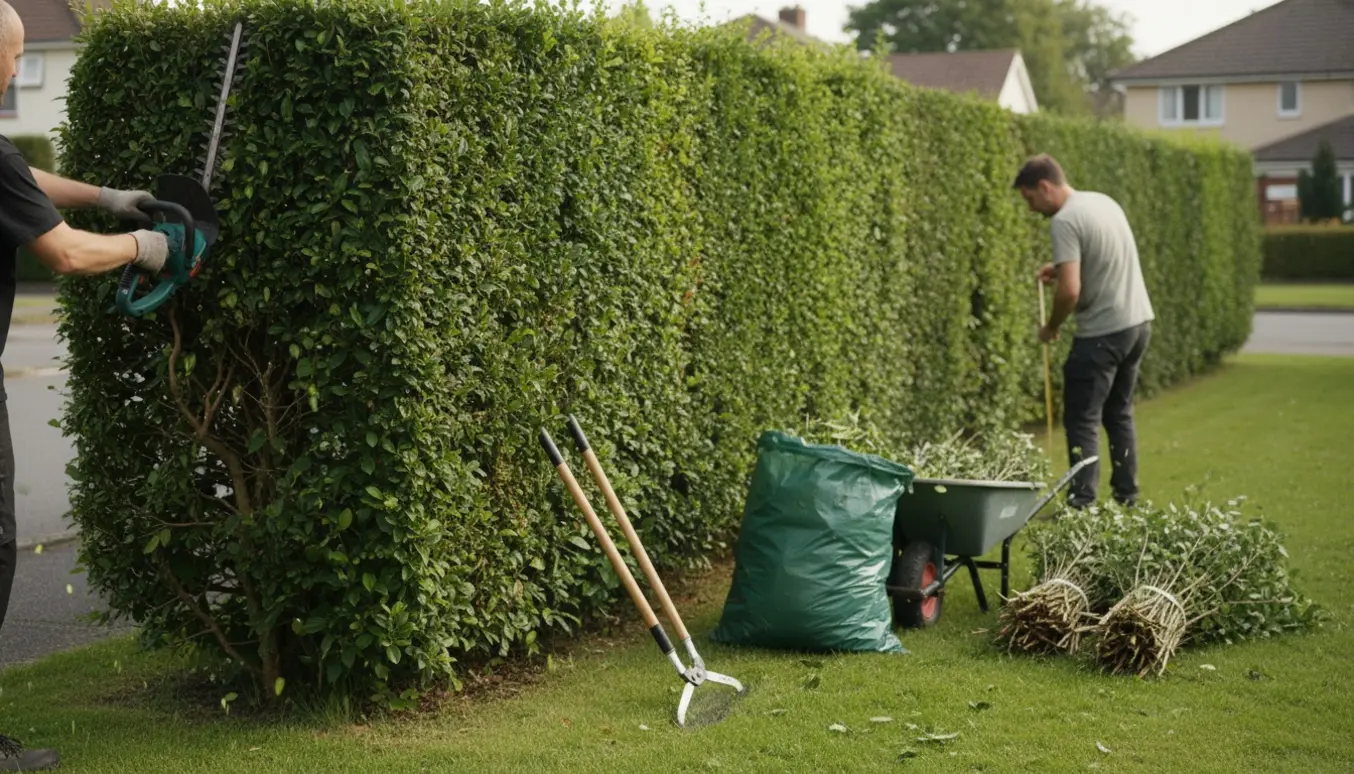 Hækkeklipper trimmer en lang hjørnehæk på en forstadstomt med hækaffald og bundter klar til afhentning.
