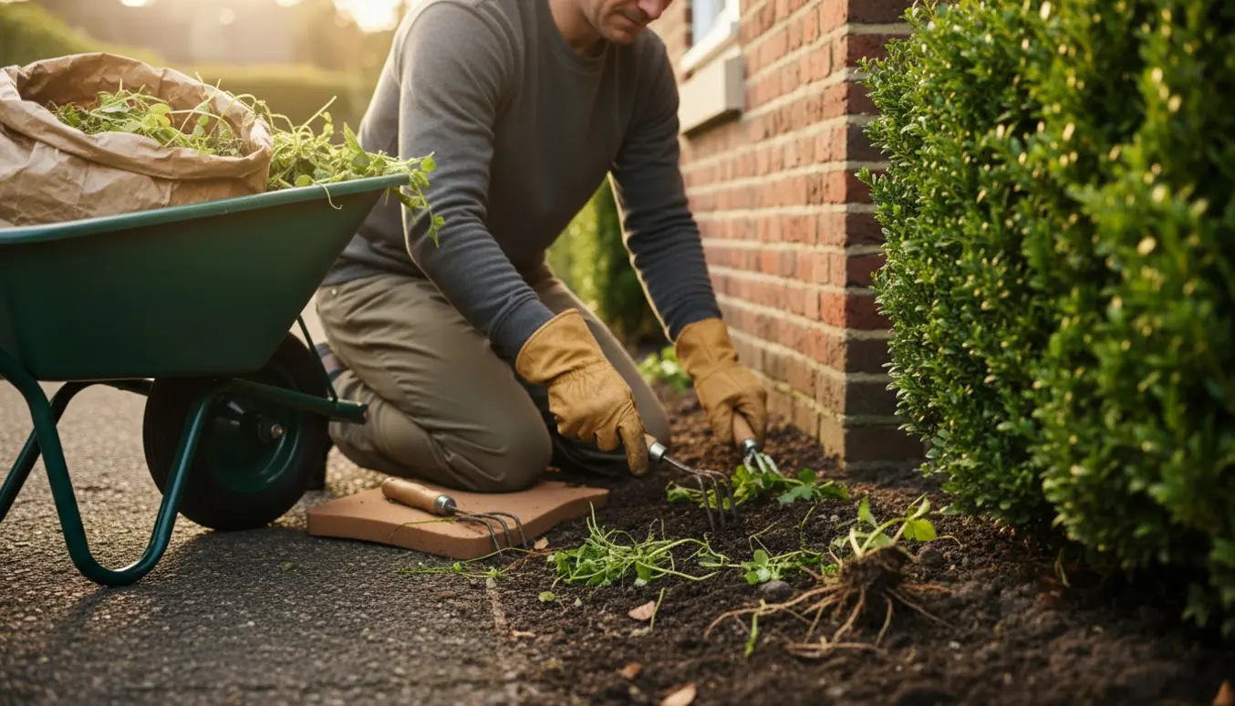 Person luger ukrudt langs hæk og huskant med handske, rive og trillebør fyldt med ukrudt.