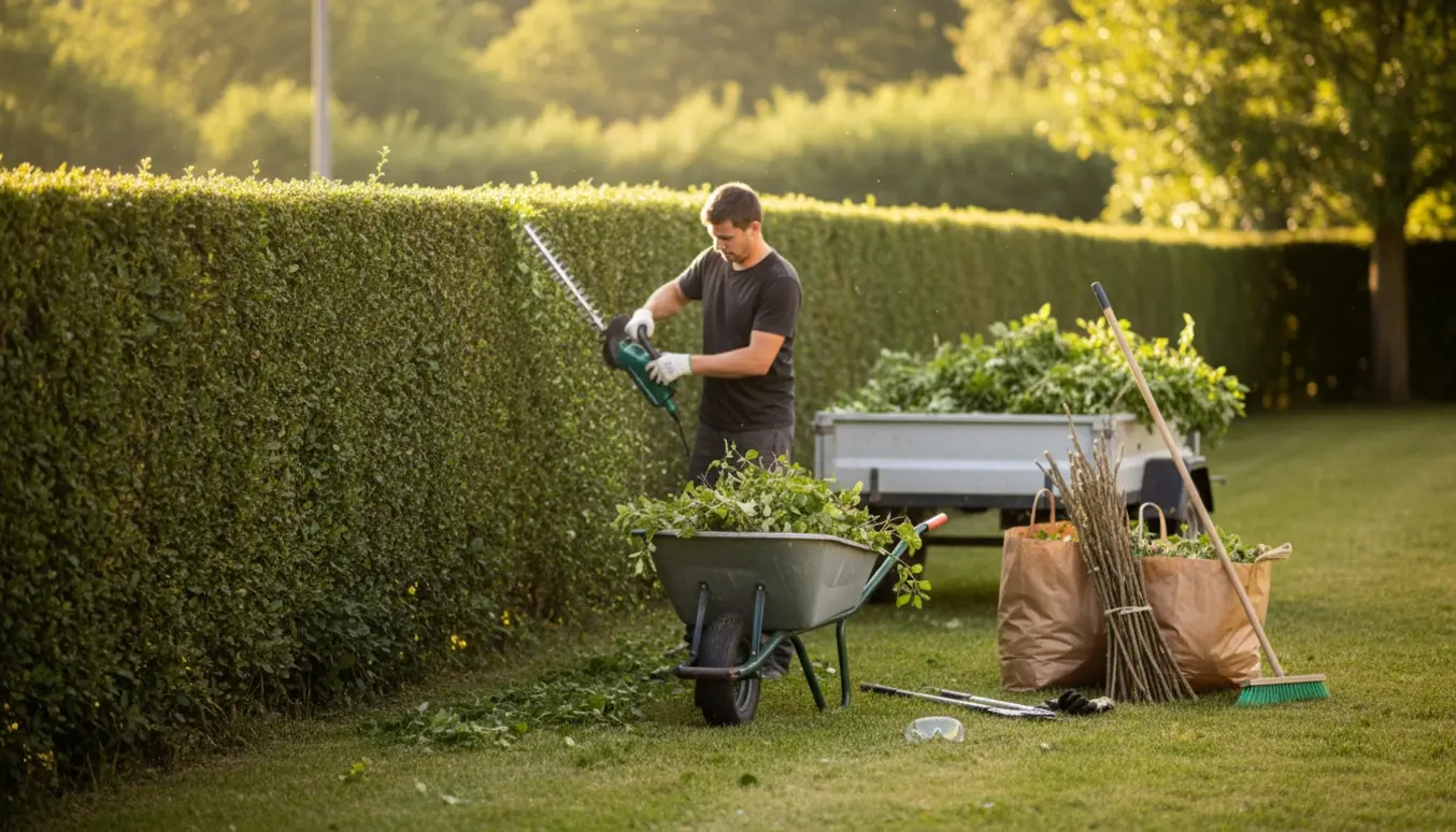 En person beskærer en lang hæk med hækkeklipper, mens afklipp læsses i en trillebør til bortkørsel.
