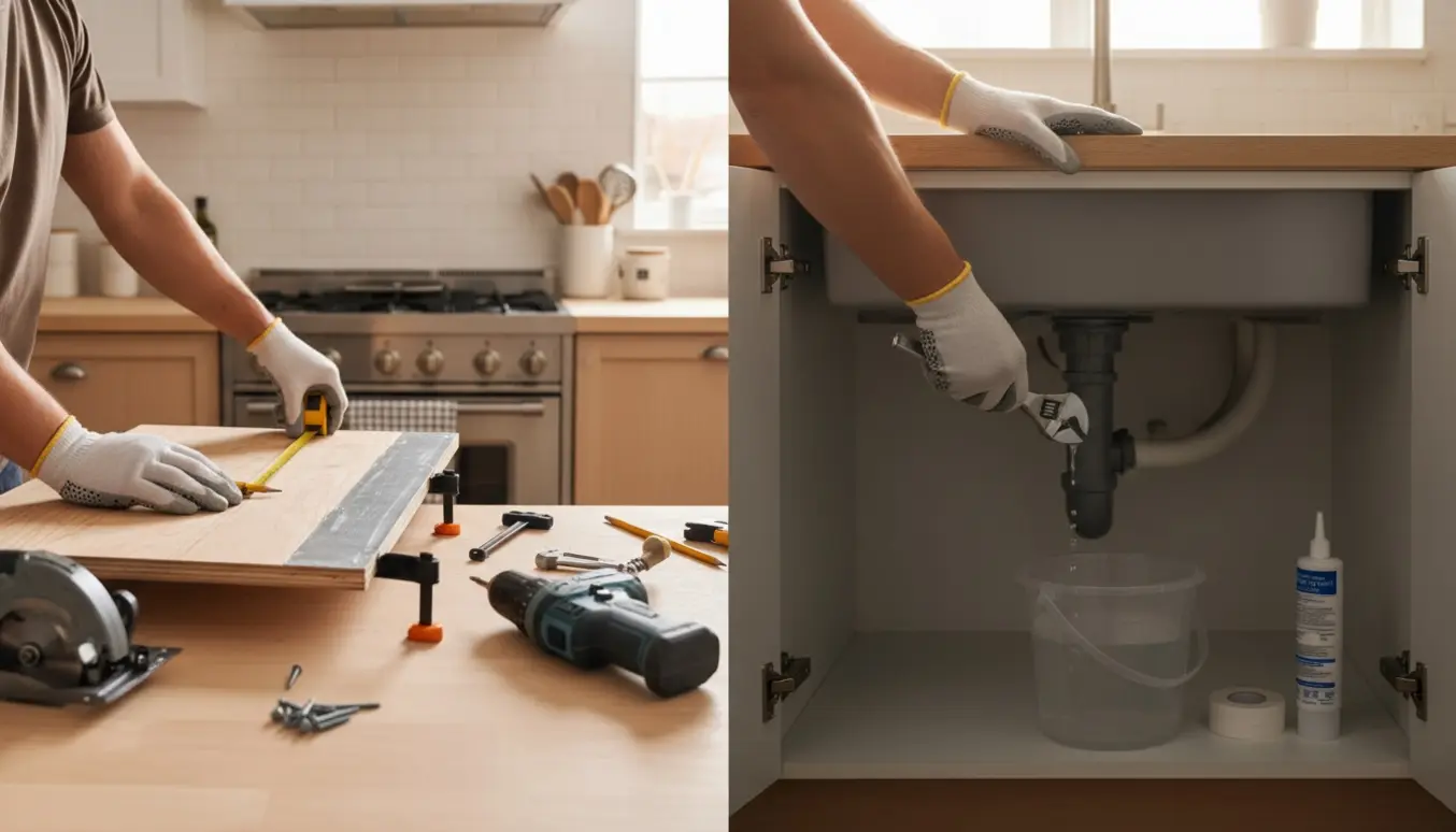 Hænder monterer en emhætteskjuler i køkkenet, mens et utæt rør under vask repareres.