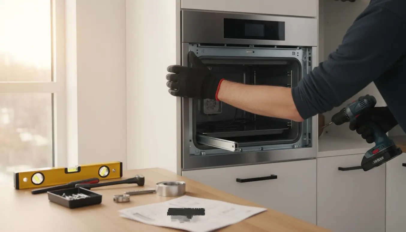 En tekniker fører en indbygningsovn ind i et højt køkkenskab med synlige værktøjer og en elektrisk dåse.