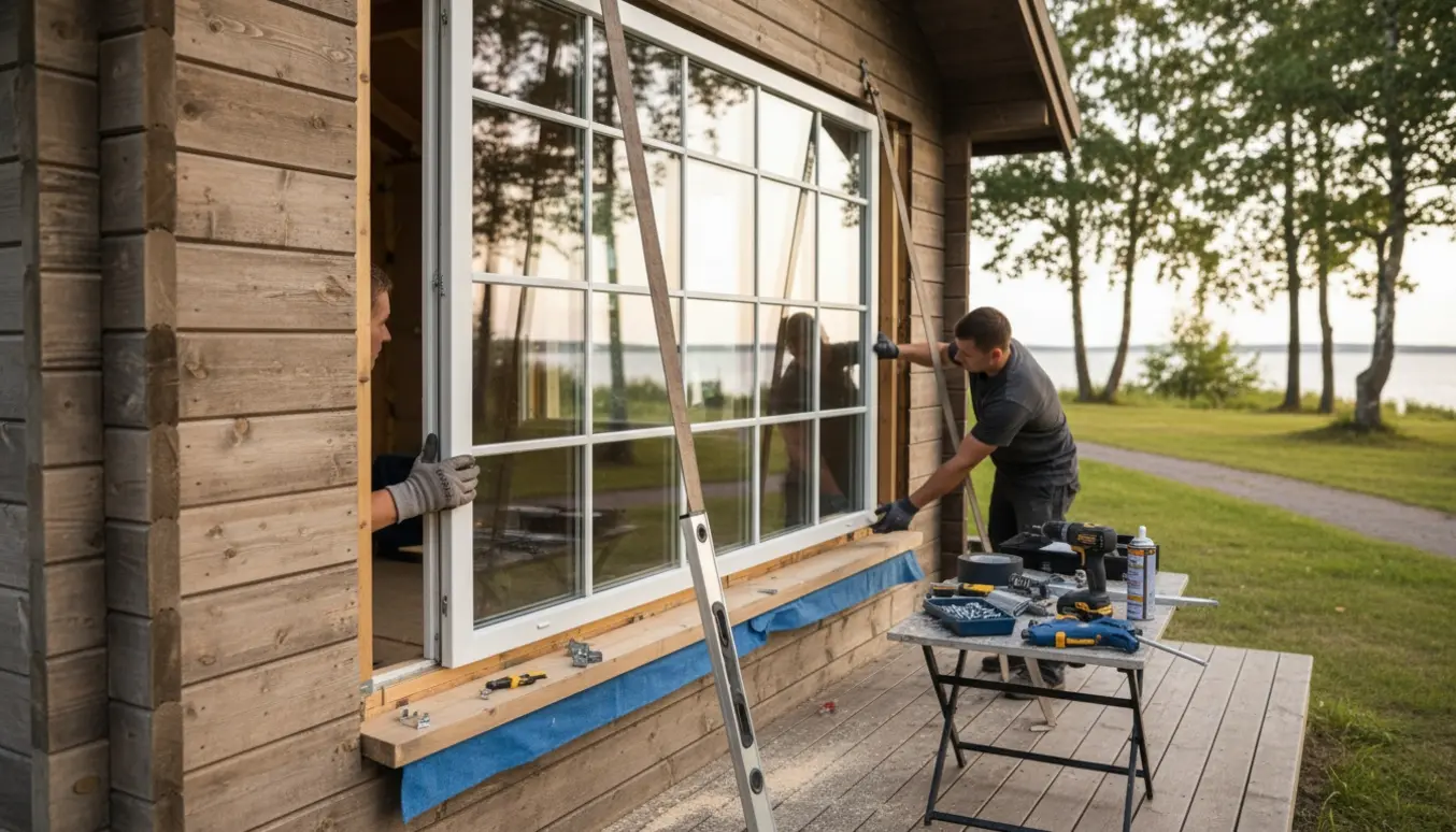 Nyt vindue løftes på plads i hul i sommerhusfacaden, mens håndværkere justerer rammen med værktøj.