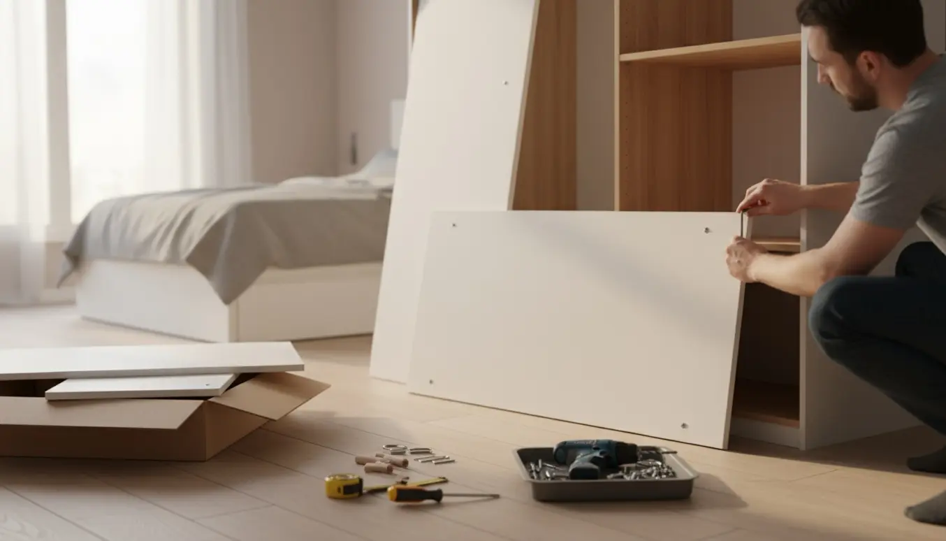 Selvbygning af et delvist samlet VISTHUS garderobeskab med værktøj og hardware i et lyst soveværelse.