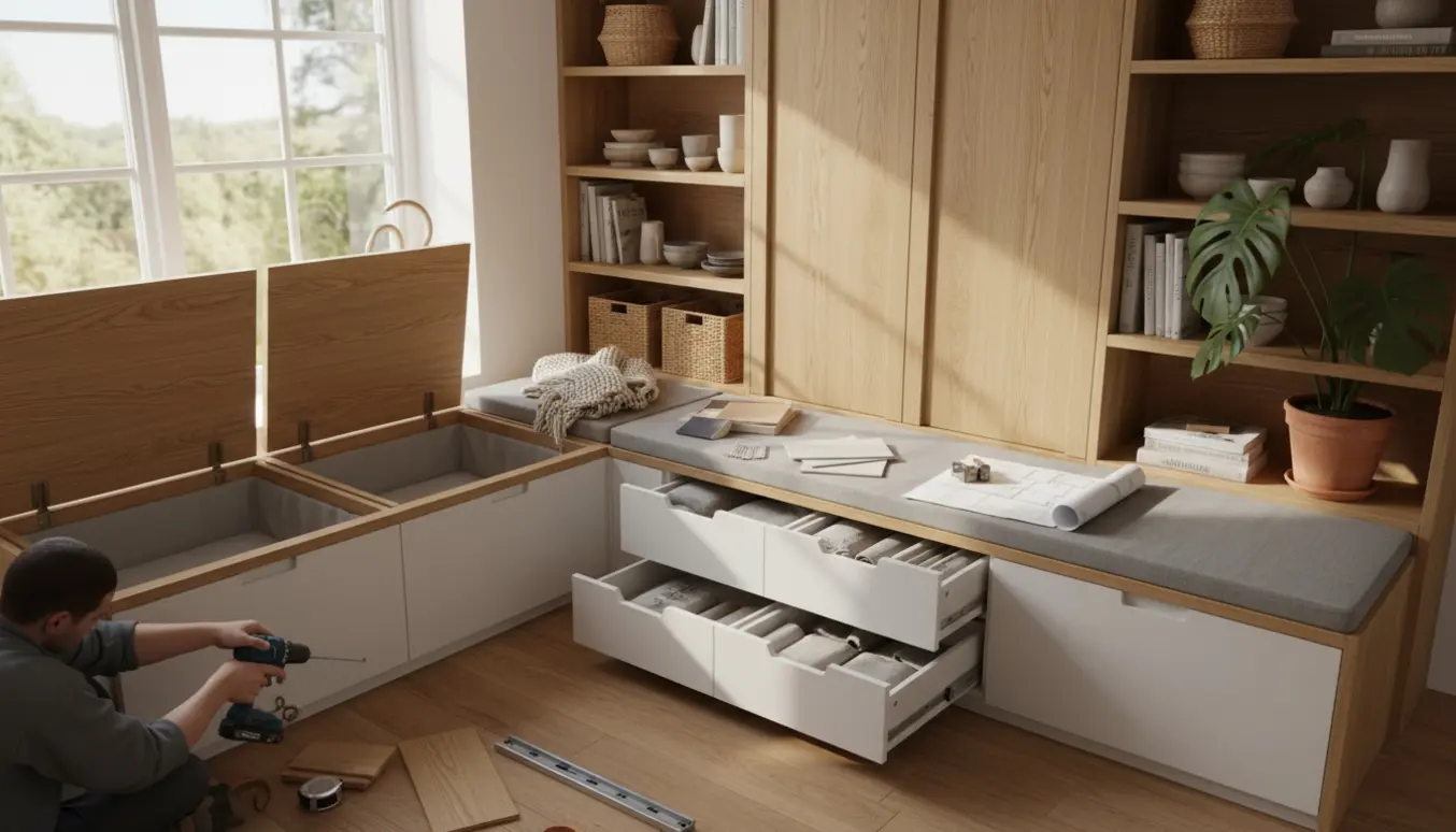 L-formet slagbænk i lyst træ med åbne opbevaringsrum og en vægreol med to lukkede døre, omgivet af værktøj og materialer.