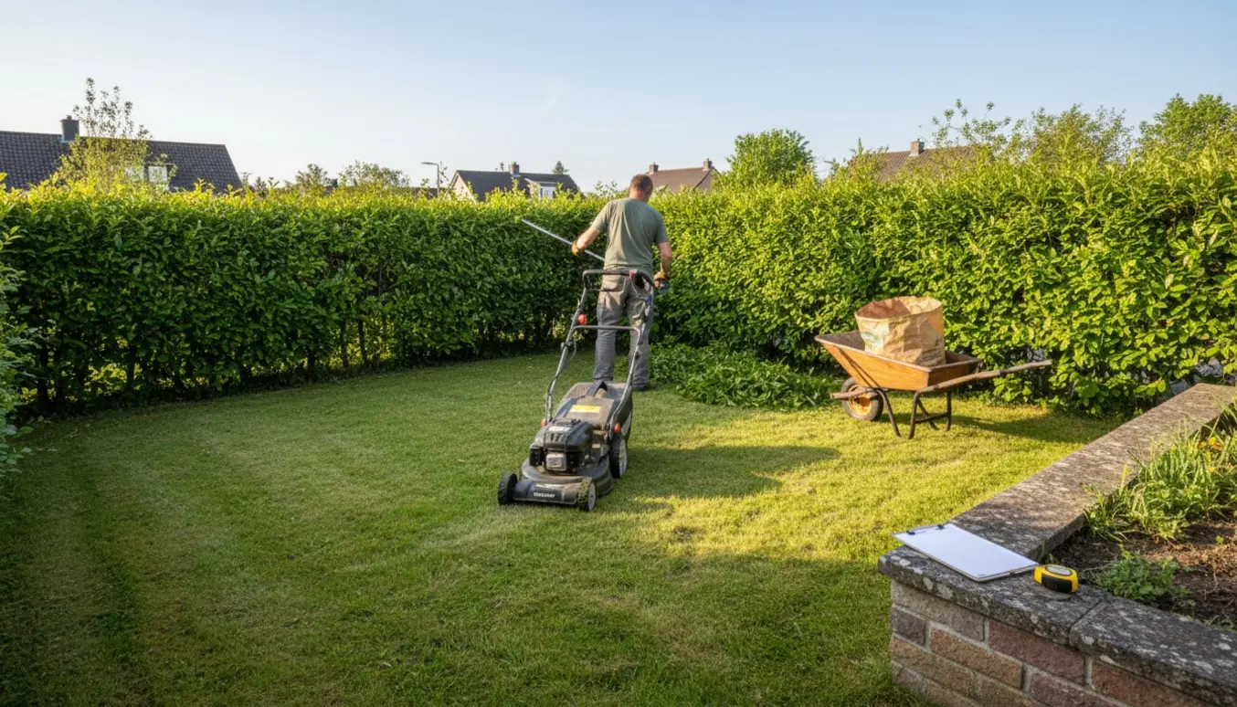Plæneklipper og hækketrimmer ved en nyslået græsplæne og klippet hæk på en hjørnegrund.