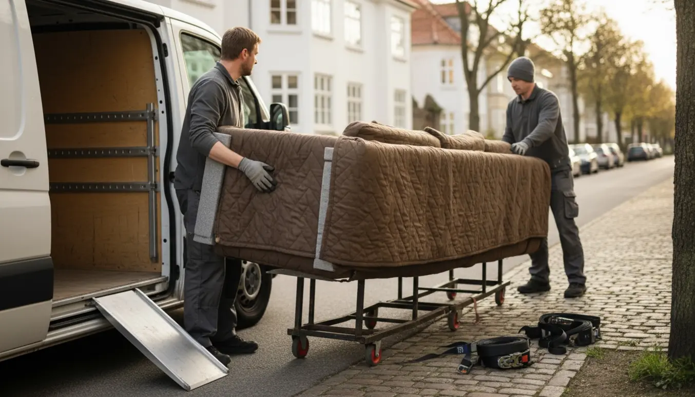 Et sofamodul indpakket i flytteblanket løftes ind i en varebil på en stille gade i Frederiksberg.