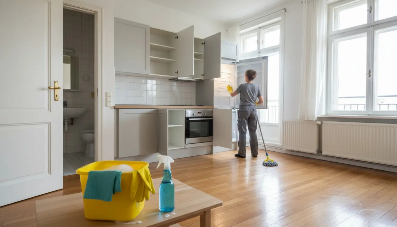 Soloplyst lejlighed under rengøring med rengøringsudstyr, skinnende køkken, fliset badeværelse, rene vinduer og dørhåndtag.
