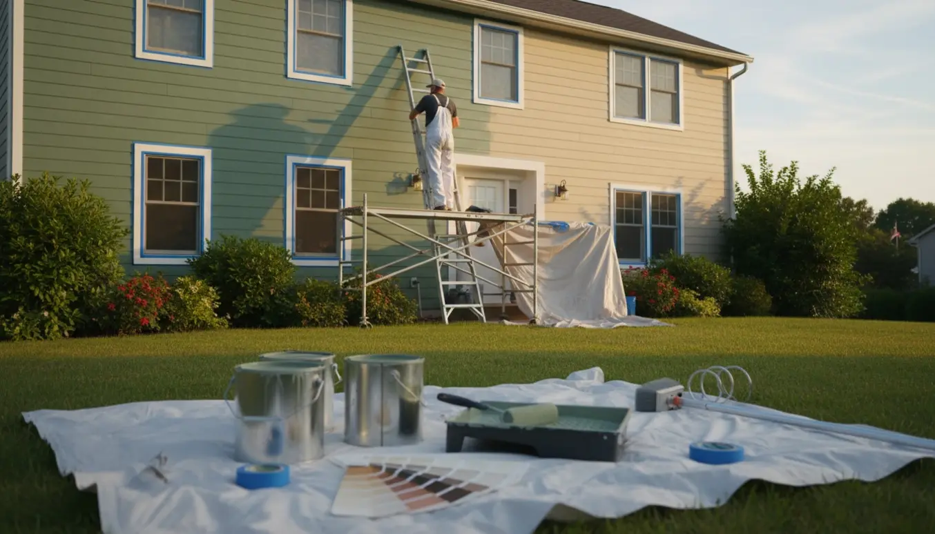 Et hus under ommaling med malerværktøj og stillads, uden tydelige ansigter.