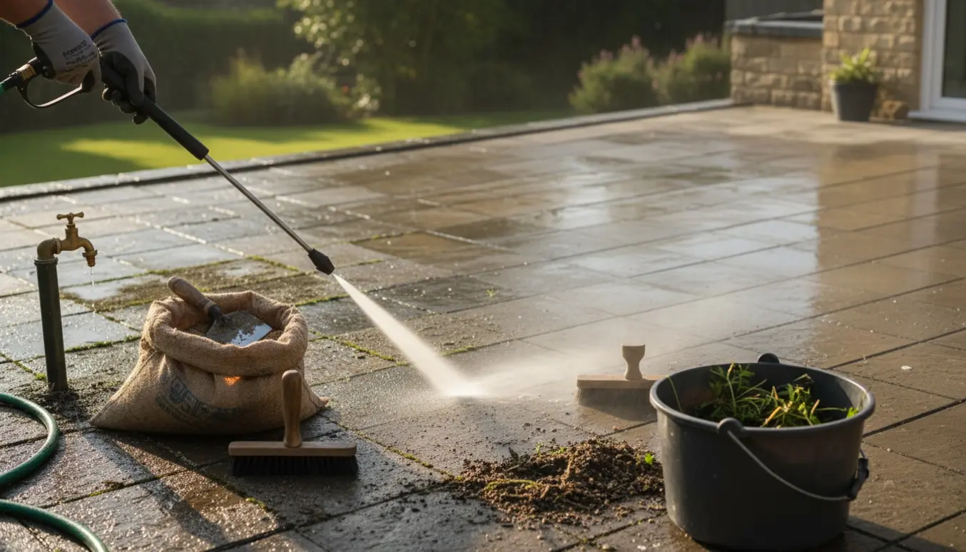 Højtryksrensning af en stor fliseterrasse med synlig før-og-efter-effekt, fjernet ukrudt og pose med fugesand ved siden af.