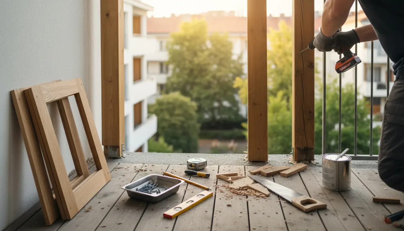En tømrer skruefastgør et nyt trærækværk på en altan med værktøj og materialer omkring.