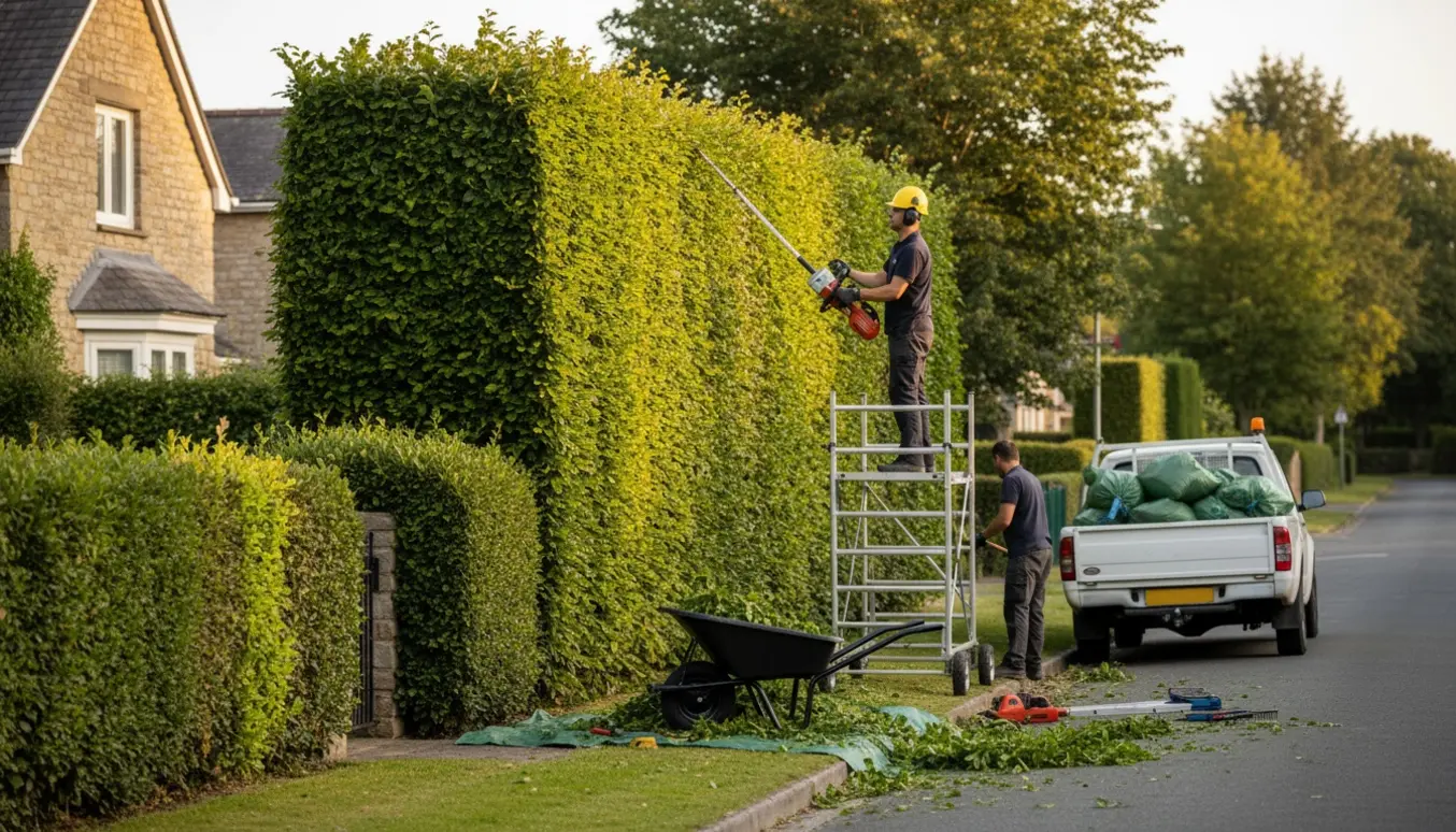 Professionelle klipper høje bøgehække og ligusterhæk, afklip samles i trillebør og trailer klar til bortskaffelse.