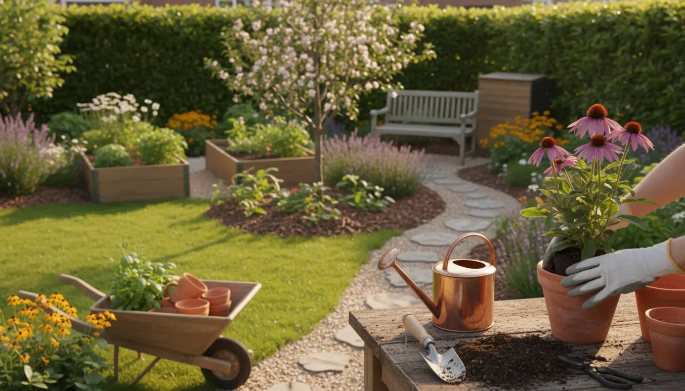 Hyggelig have med blomsterbede, et frugttræ og hænder, der planter nye planter i aftensol.