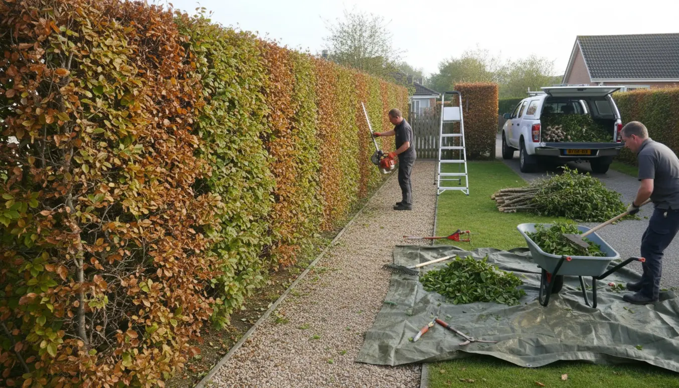Professionel klipning af en lang bøgehæk med hækkeklipper, stige og trillebør fyldt med afklip.