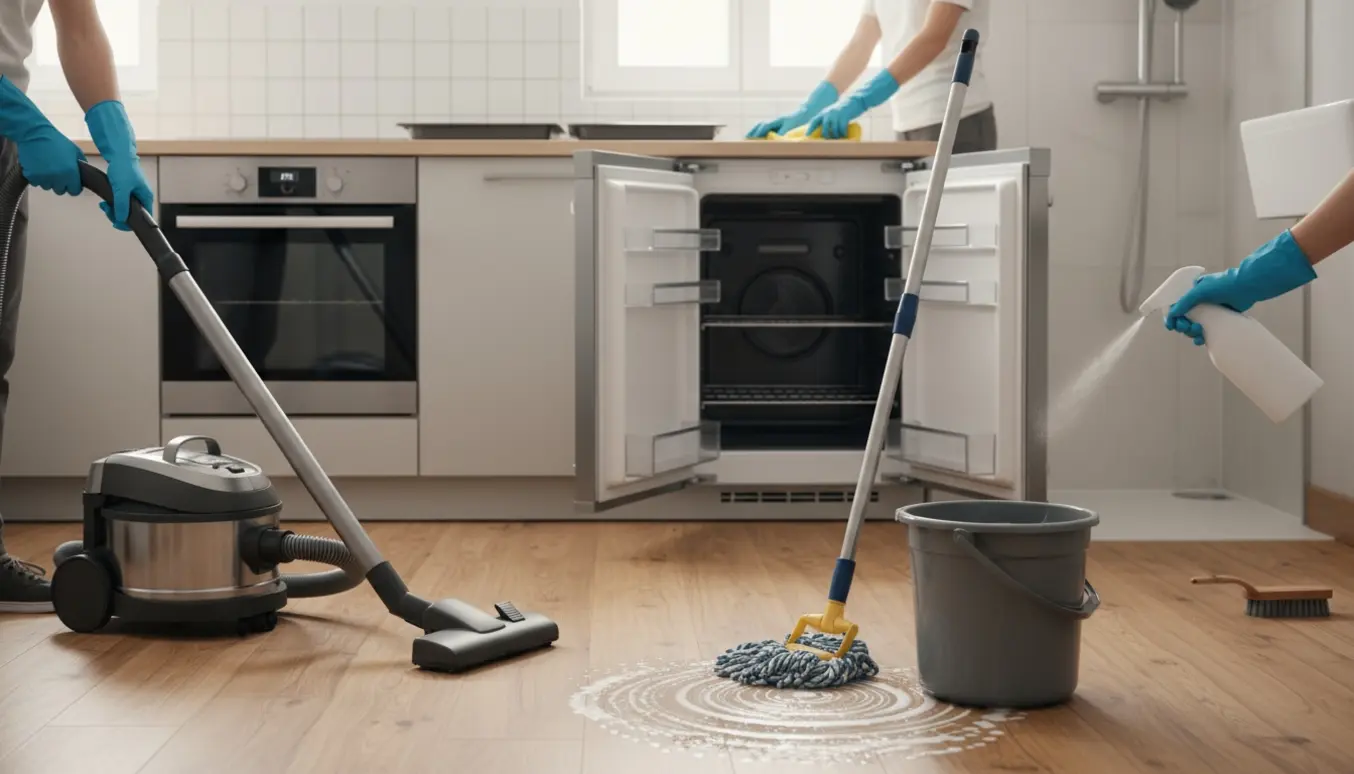 Handskenede hænder støvsuger og vasker gulv i en solbelyst, tom 55 m2 lejlighed mens ovnskuffer, bageplader og køleskab gøres rene.