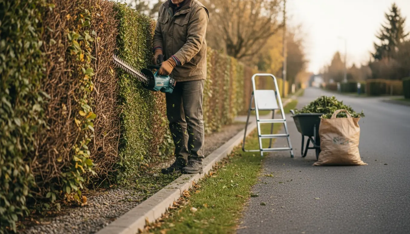 Person klipper hæk langs vejens kant, hvor en lige, nyskåret hækflade følger asfalten.