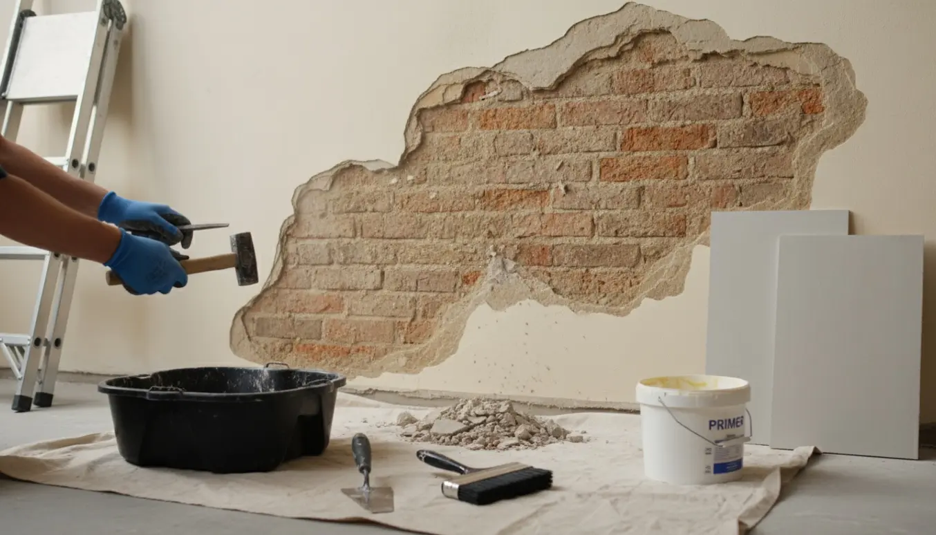 Nærbillede af reparation af en pudset mur med værktøj, løse pudsstykker og fiberplader klar.