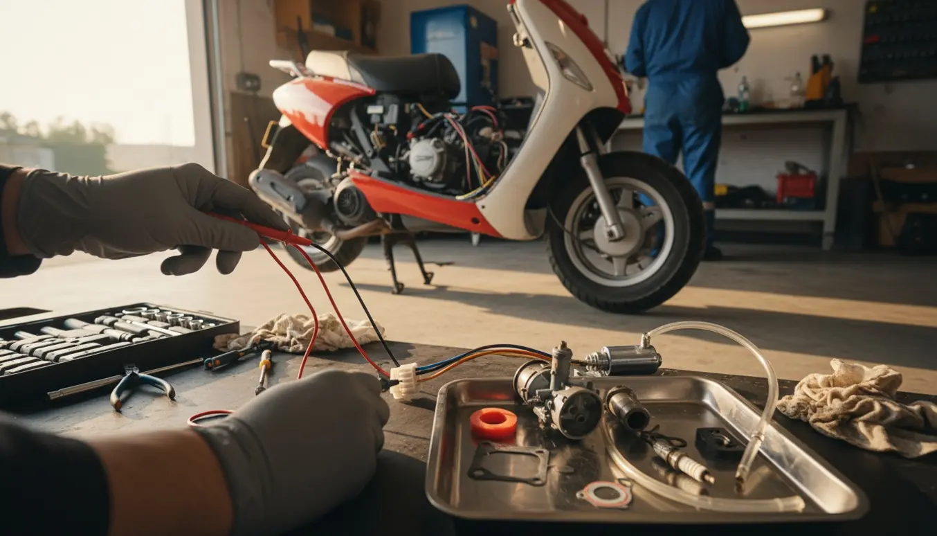 Scoopet på værksted med åben motor og hænder, der tester ledninger med multimeter.