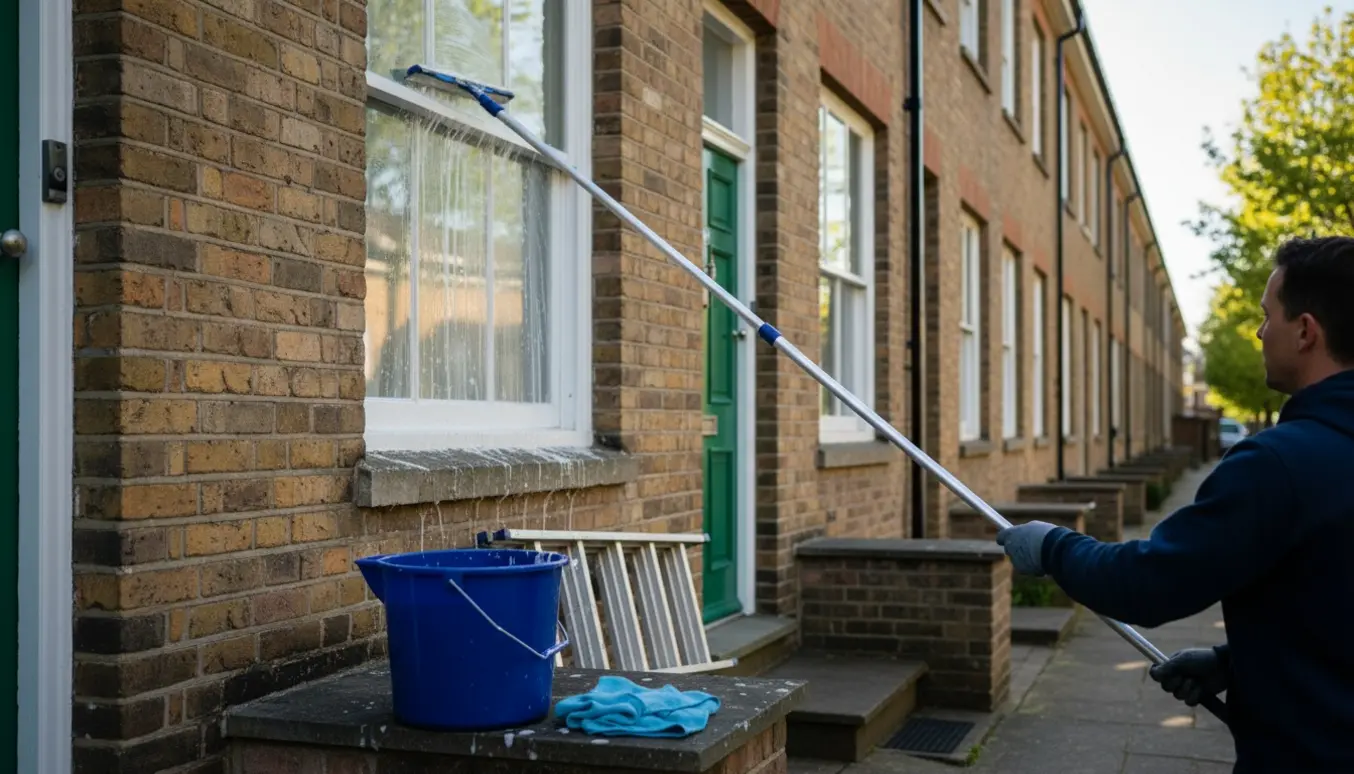 Udvendig vinduespudsning af rækkehuse med pudserens udstyr i fokus.