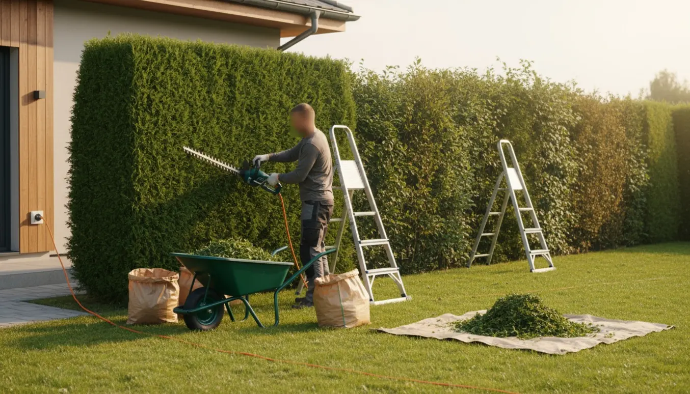 Elektrisk hækklipning ved en cirka to meter høj hæk med stiger, kabel og opsamlet haveaffald klar.