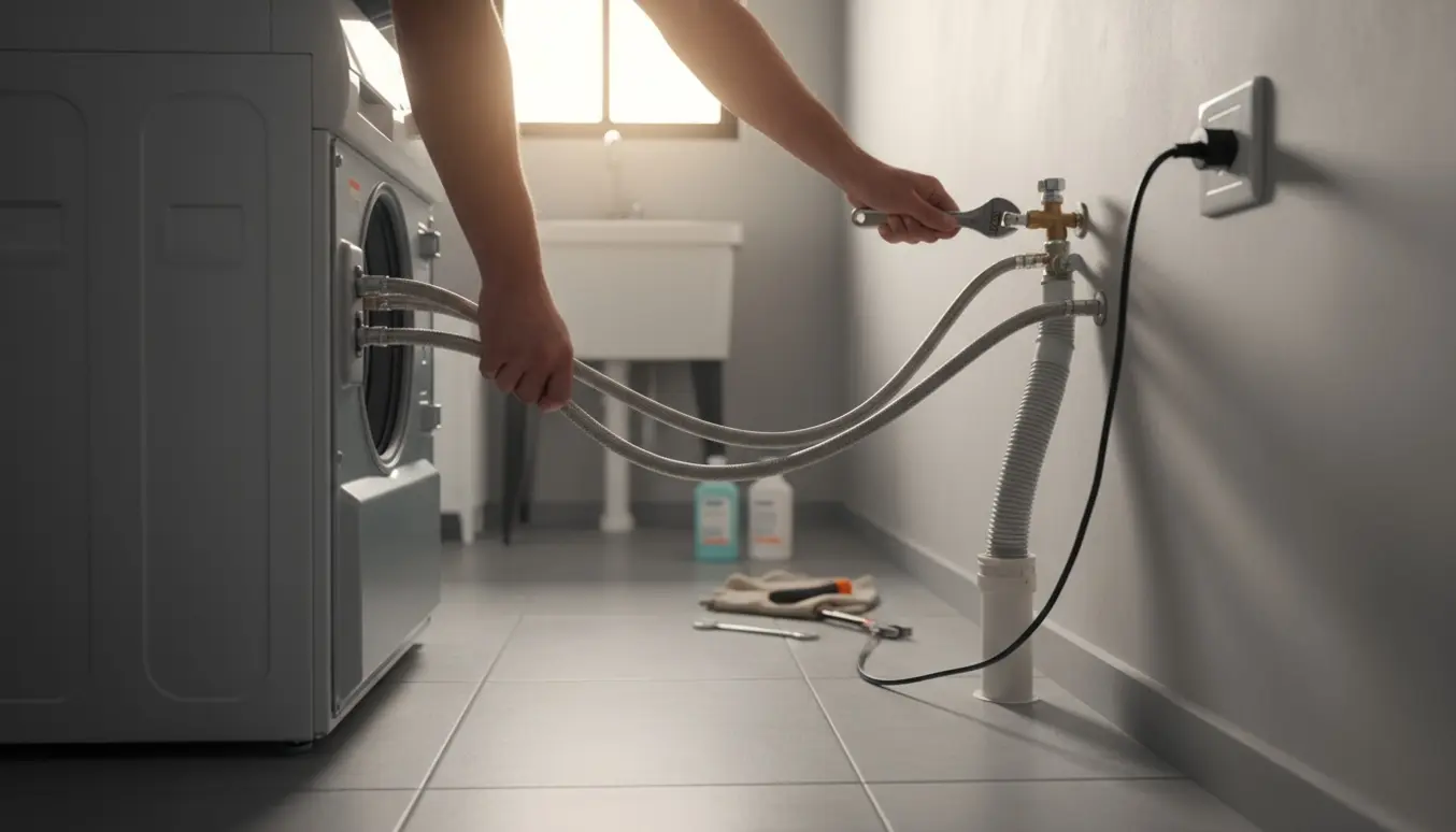 Hænder tilslutter en vaskemaskine til vand, afløb og strøm i et vaskerum.