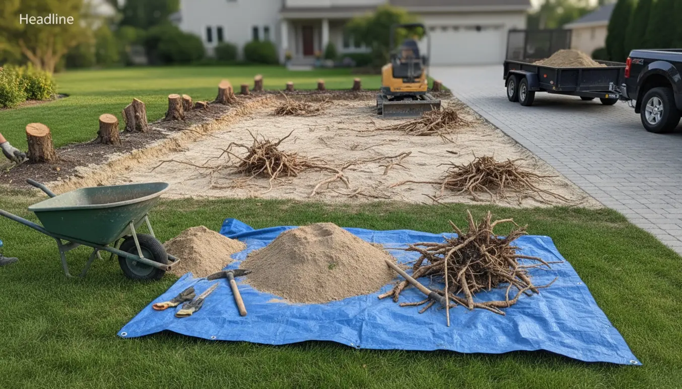 Opgravning af et gammelt bed med sandjord og eksponerede syrenerødder ved indkørslen, klar til bortkørsel.