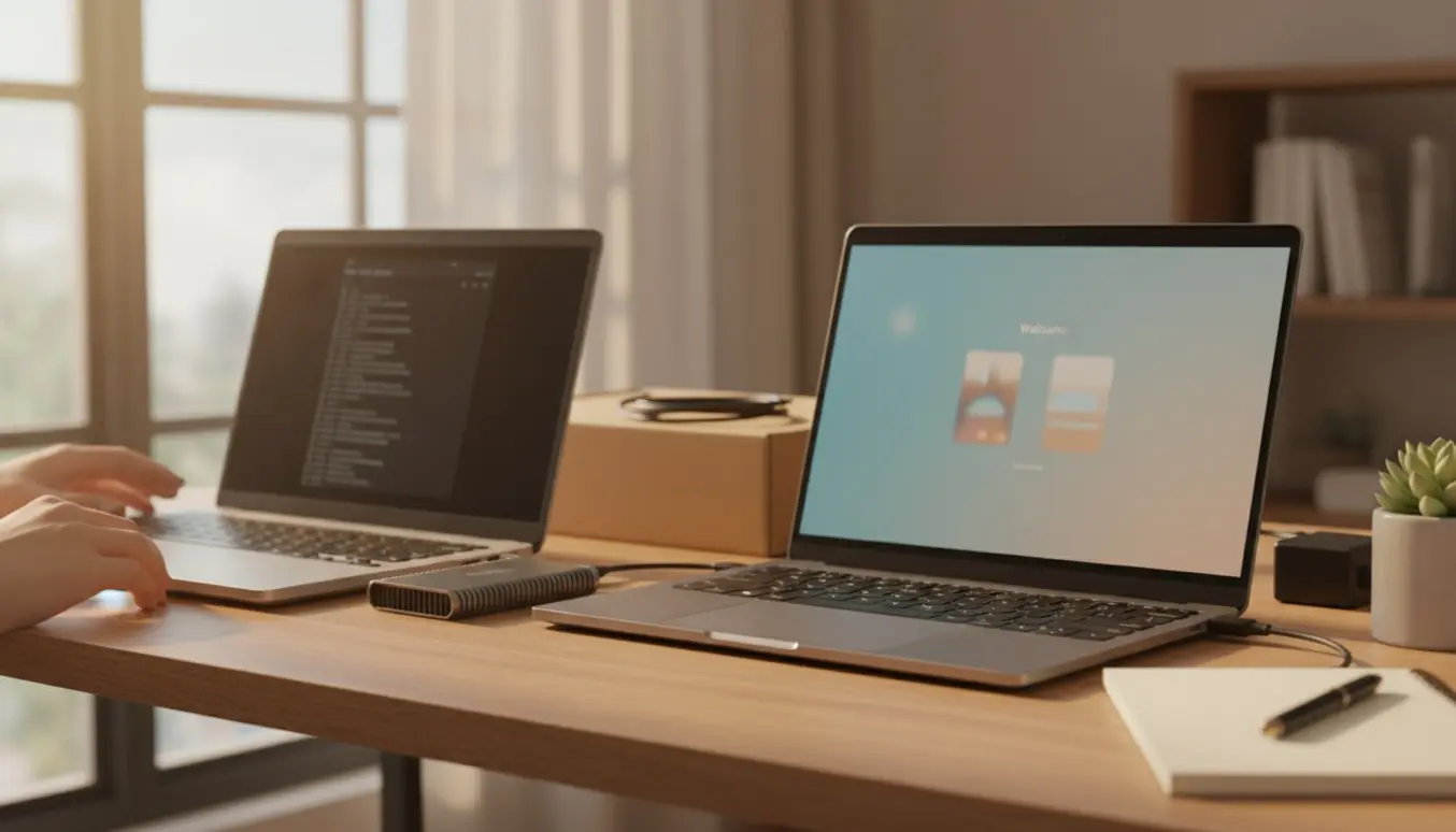 Hænder tilslutter en ekstern SSD mellem en gammel og en ny bærbar computer på et ryddeligt skrivebord.